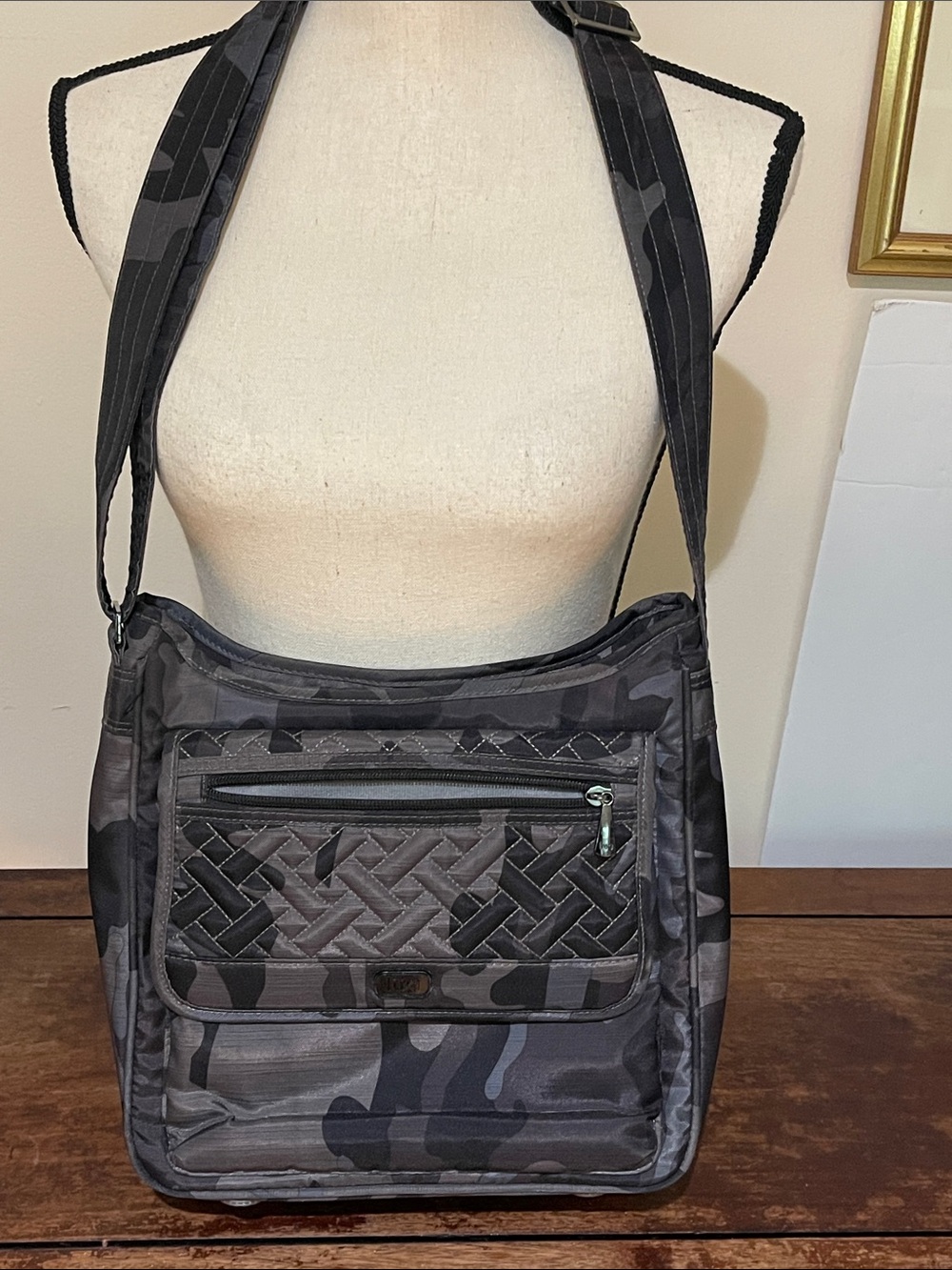 Lug Hopscotch Crossbody Bag in a gray/black camouflage